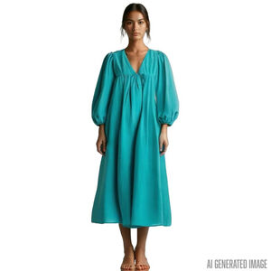 Whistles Teal Linen Puff Sleeve Coastal Sundress 4 NWT Boho Prairie Cottagecore
